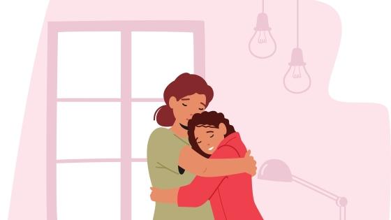 Illustration of mother and daughter hugging
