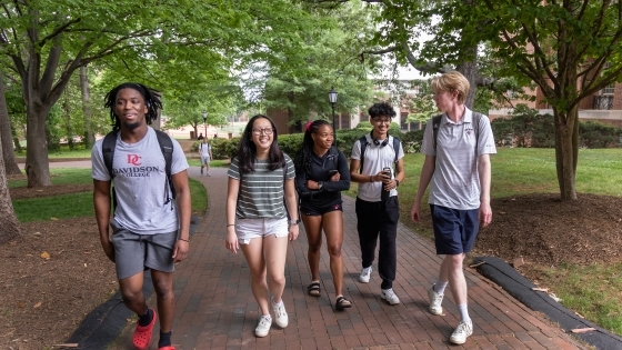 a group of students walk together on brick pathways of a college campus