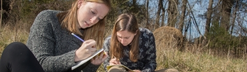 Students sitting on a field taking notes and consulting their textbooks