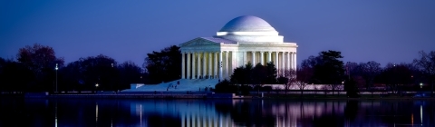 Jefferson Memorial in Washintong D.C. through the water and trees