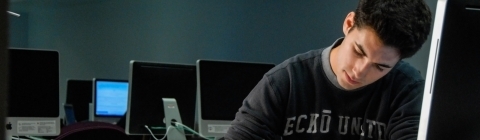 Student works at computer in a computer lab