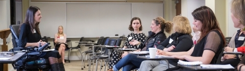 Women's Leadership conference panel in a classroom