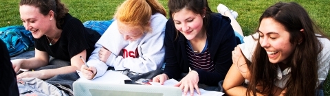 Students on Chambers Lawn w laptop