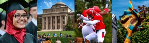 Collage of images including student at graduation, outdoor class, football game, and the Wind Sculpture