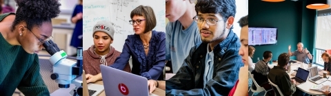 Collage of images including lab scene, professor talking to student, student in class discussion, and small class meeting