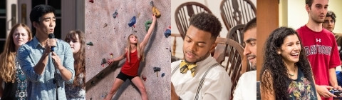 Student organizations collage featuring singing group, student on climbing wall, fraternity members, and students playing video games