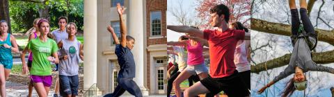 Collage of students running, student mid-jump during dance number, students doing yoga by the lake, and student at a climbing ropes demonstration on a tree