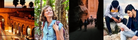 Study abroad collage including Bab Laalou, Rabat, Morocc, student in Australia, Petra and students at Acropolis.