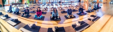 Students sit on meditation cushions