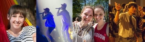 Collage of images including student on hammock, lil yatchy concert, students at Frolics, and student dancing at party