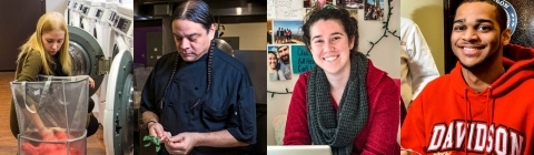 Collage of images including student doing laundry, guest chef at Commons, student sitting on her dorm room bed, and student holding a plate of food at commons