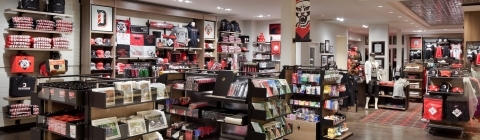 Shelves of Davidson memorabilia including branded clothing