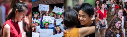 Collage of Images: Student signs honor code, group of students with funny props hold up signs with jokes, student hugs family member, students walk through a welcome line