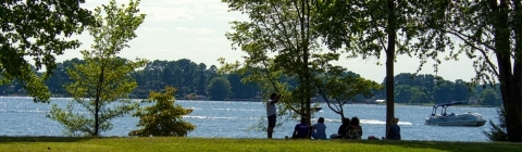 Lake Campus Shore with People Hanging Out