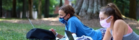 Students on laptops on green with masks