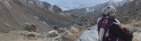Scarfed lady looking towards mountains of South Asia