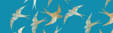 Illustrative gold swallows on blue background