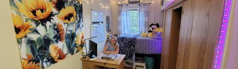 student sitting at desk in her decorated, single dorm room