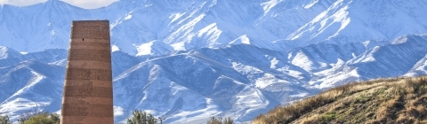 Ancient site of Burana with old minaret and tombstones known as Balbas in Kyrgyzstan