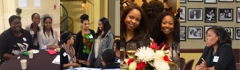 collage of 4 photos of women alumni talking and smiling with each other