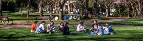 Students sitting on lawn on campus