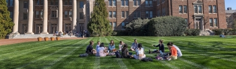 Students on the lawn in front of Chambers