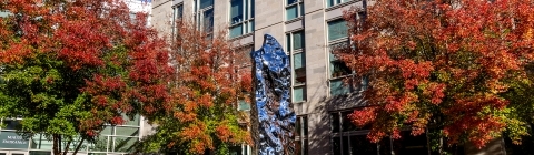 a silver piece of art stands in front of a modern academic building as red trees surround