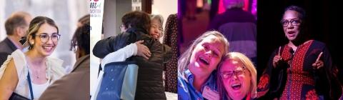 a compilation of four images of women embracing and celebrating