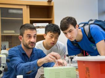 Professor El Bejjani and two students work with equipment in lab
