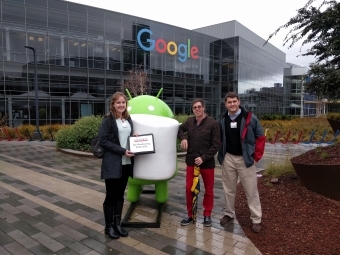 Brady Logan '19 Allison Cowie '18 Clayton Schloss '99 in front of Google