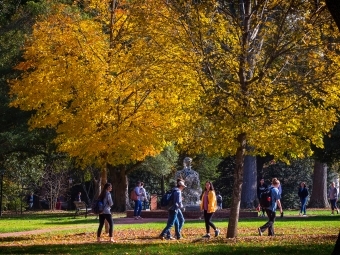 Students walking around campus