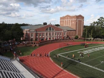 Richardson Stadium above-level shot including track, football field, and bleachers