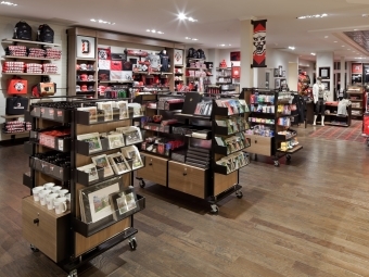 Shelves of Davidson memorabilia including branded clothing