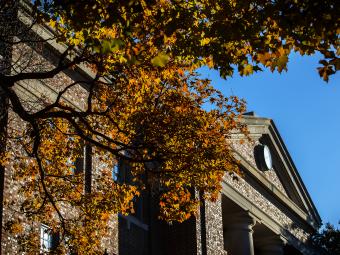 Chambers Building with Blue Sky and Fall Leaves