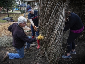 Patrick Dougherty Sculpture Volunteers Working