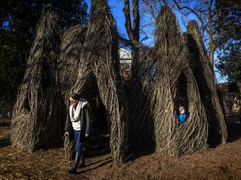 Patrick Dougherty Sculpture with visitor