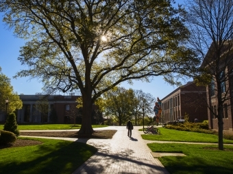 Campus scene with Sculpture in the background