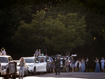 Guests lined up outside their cars 