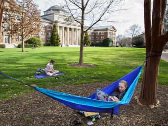 Student on Laptop in Hammock on Chambers Lawn