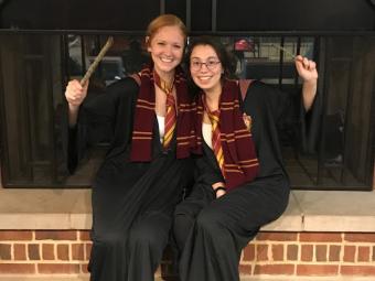 Mia Gogel and Courtney Welch in Harry Potter Gryffindor costumes 