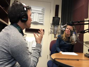 Student and Prof. Jane Mangan Recording CIS Voices Podcast
