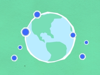 Graphic of globe and spikes of virus overlayed and around the earth