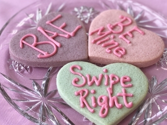 Valentine's Day Cookies with "Bae," "Be Mine," and "Swipe Right" Icing Messages