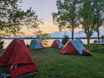Student Tents Set Up for Camping at Lake Campus