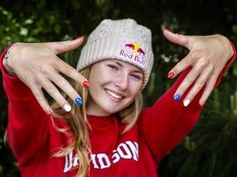 Davidson Olympian Evy Leibfarth with U.S. colors (red, white and blue) nail polish