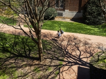 Two Students Walking Among Shadows of Trees