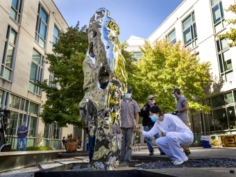 Student Approaches Artificial Rock #119 at its installation