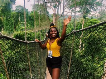 Davidson Student Abroad on a rope bridge