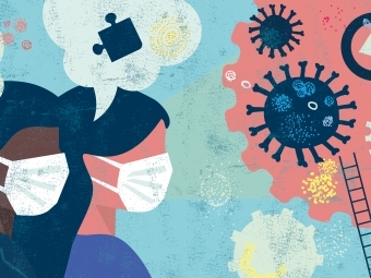 Graphic of two people with speech bubbles containing puzzle pieces looking at cloud with question mark, virus, DNA and magnifying glass