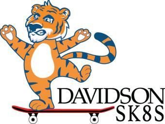 Cartoon of a tiger skating on a skateboard with words "Davidson SK8S"